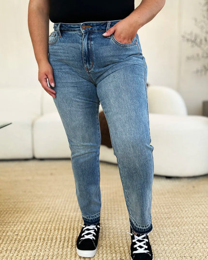 Judy Blue Full Size Mid Rise Rigid Magic Release Hem Jeans - THE AMERICAN BLUE