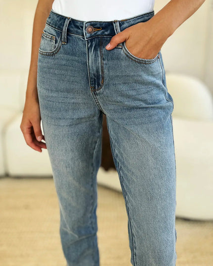 Judy Blue Full Size Mid Rise Rigid Magic Release Hem Jeans - THE AMERICAN BLUE