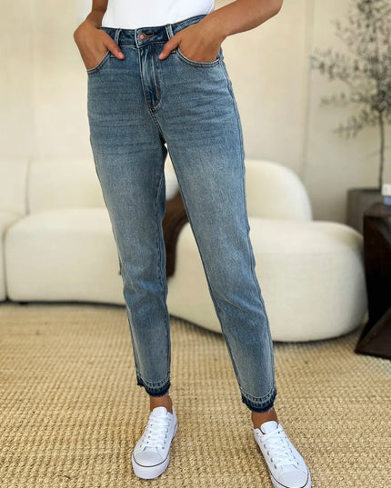 Judy Blue Full Size Mid Rise Rigid Magic Release Hem Jeans - THE AMERICAN BLUE