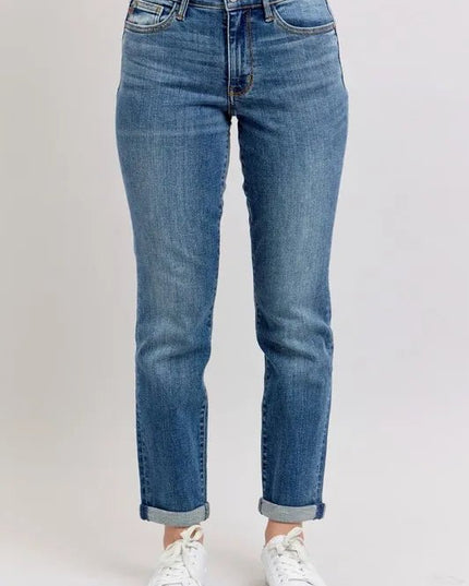Judy Blue Full Size Mid Rise Skinny Cuff Jeans with Pockets Plus Size - THE AMERICAN BLUE