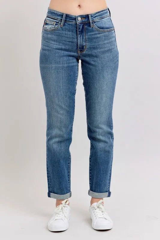 Judy Blue Full Size Mid Rise Skinny Cuff Jeans with Pockets Plus Size - THE AMERICAN BLUE