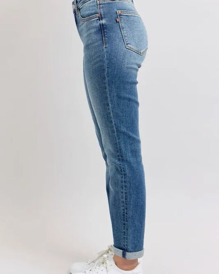 Judy Blue Full Size Mid Rise Skinny Cuff Jeans with Pockets Plus Size - THE AMERICAN BLUE