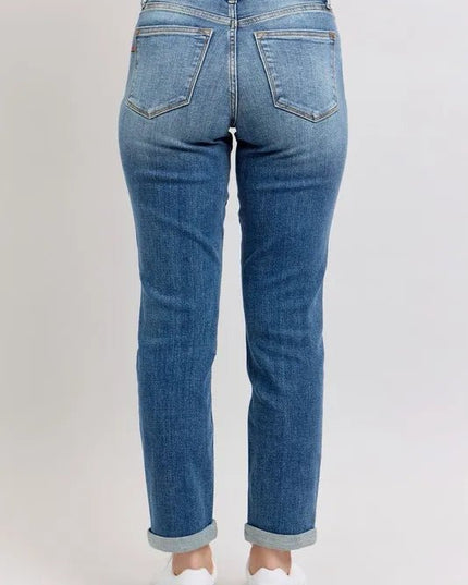 Judy Blue Full Size Mid Rise Skinny Cuff Jeans with Pockets Plus Size - THE AMERICAN BLUE