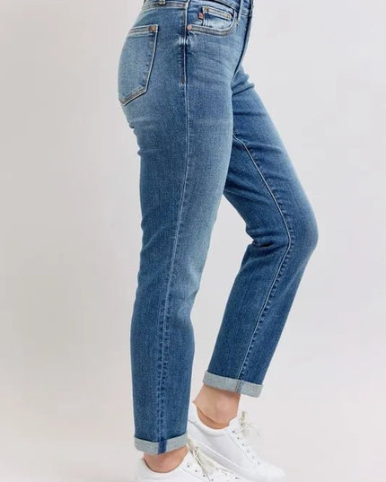 Judy Blue Full Size Mid Rise Skinny Cuff Jeans with Pockets Plus Size - THE AMERICAN BLUE