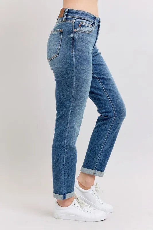 Judy Blue Full Size Mid Rise Skinny Cuff Jeans with Pockets Plus Size - THE AMERICAN BLUE