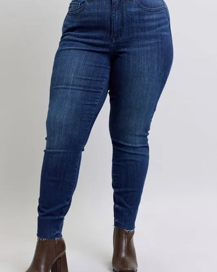 Judy Blue Full Size Mid Rise Skinny Jeans with Raw Hem Plus Size - THE AMERICAN BLUE