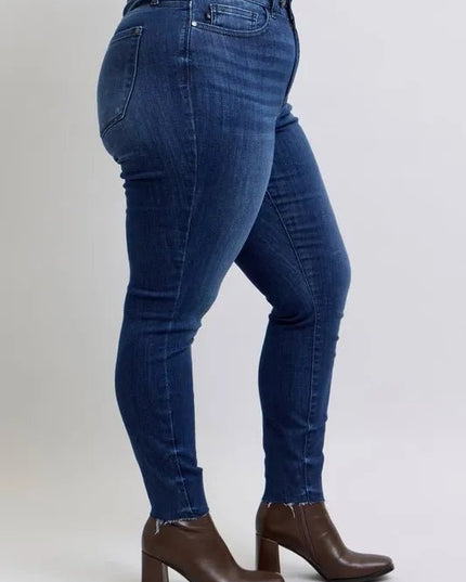 Judy Blue Full Size Mid Rise Skinny Jeans with Raw Hem Plus Size - THE AMERICAN BLUE