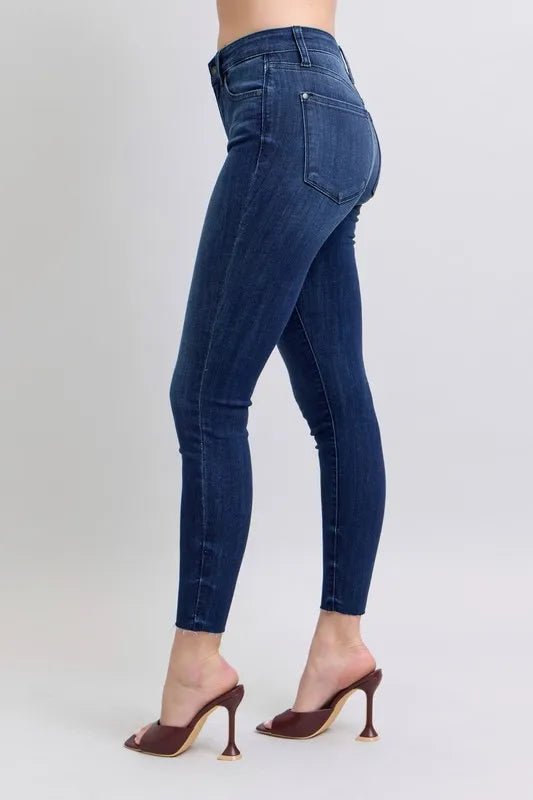 Judy Blue Full Size Mid Rise Skinny Jeans with Raw Hem Plus Size - THE AMERICAN BLUE