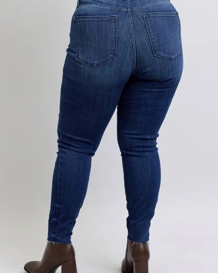 Judy Blue Full Size Mid Rise Skinny Jeans with Raw Hem Plus Size - THE AMERICAN BLUE