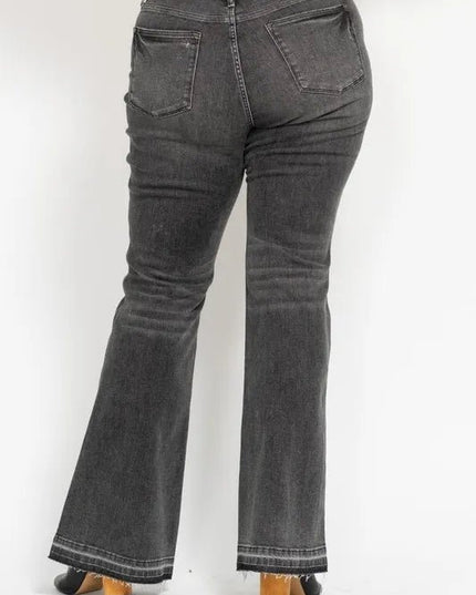 Judy Blue Full Size Mid Rise Tummy Control Washed Gray Release Hem Flare Jeans Plus Size - THE AMERICAN BLUE