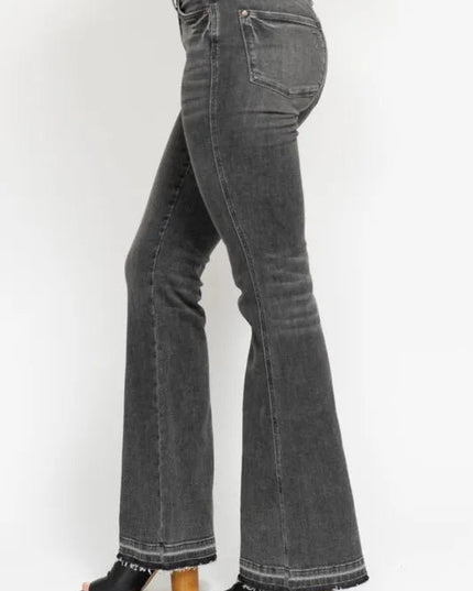 Judy Blue Full Size Mid Rise Tummy Control Washed Gray Release Hem Flare Jeans Plus Size - THE AMERICAN BLUE
