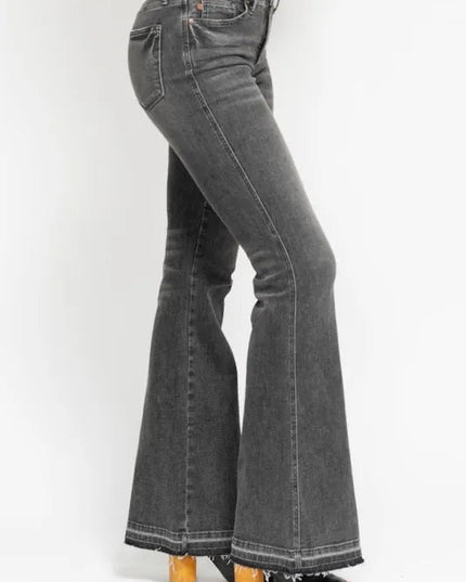 Judy Blue Full Size Mid Rise Tummy Control Washed Gray Release Hem Flare Jeans Plus Size - THE AMERICAN BLUE