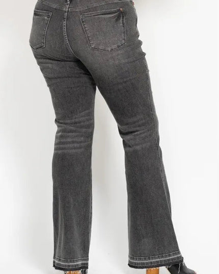 Judy Blue Full Size Mid Rise Tummy Control Washed Gray Release Hem Flare Jeans Plus Size - THE AMERICAN BLUE
