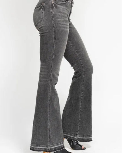 Judy Blue Full Size Mid Rise Tummy Control Washed Gray Release Hem Flare Jeans Plus Size - THE AMERICAN BLUE