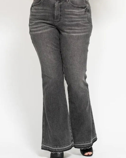 Judy Blue Full Size Mid Rise Tummy Control Washed Gray Release Hem Flare Jeans Plus Size - THE AMERICAN BLUE