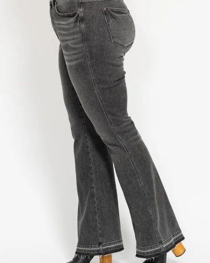 Judy Blue Full Size Mid Rise Tummy Control Washed Gray Release Hem Flare Jeans Plus Size - THE AMERICAN BLUE