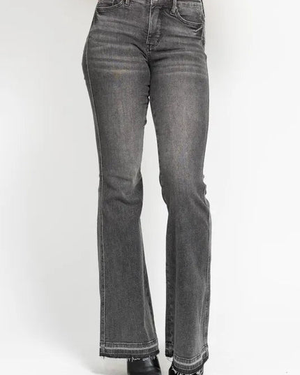 Judy Blue Full Size Mid Rise Tummy Control Washed Gray Release Hem Flare Jeans Plus Size - THE AMERICAN BLUE