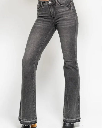Judy Blue Full Size Mid Rise Tummy Control Washed Gray Release Hem Flare Jeans Plus Size - THE AMERICAN BLUE