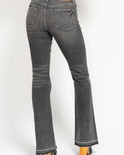 Judy Blue Full Size Mid Rise Tummy Control Washed Gray Release Hem Flare Jeans Plus Size - THE AMERICAN BLUE