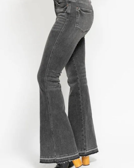 Judy Blue Full Size Mid Rise Tummy Control Washed Gray Release Hem Flare Jeans Plus Size - THE AMERICAN BLUE