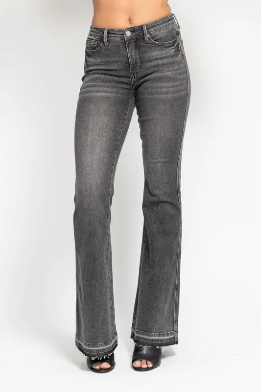 Judy Blue Full Size Mid Rise Tummy Control Washed Gray Release Hem Flare Jeans Plus Size - THE AMERICAN BLUE