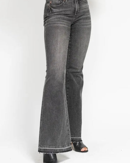 Judy Blue Full Size Mid Rise Tummy Control Washed Gray Release Hem Flare Jeans Plus Size - THE AMERICAN BLUE
