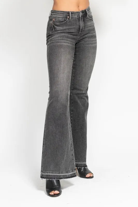 Judy Blue Full Size Mid Rise Tummy Control Washed Gray Release Hem Flare Jeans Plus Size - THE AMERICAN BLUE