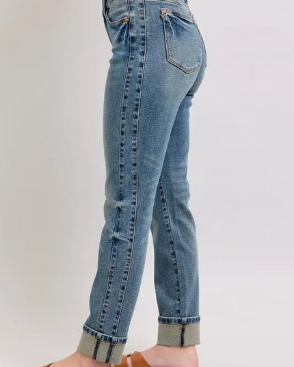 Judy Blue Full Size Mid Rise Vintage Wash Double Roll Cuff Boyfriend Jeans Plus Size - THE AMERICAN BLUE