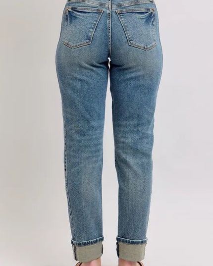 Judy Blue Full Size Mid Rise Vintage Wash Double Roll Cuff Boyfriend Jeans Plus Size - THE AMERICAN BLUE