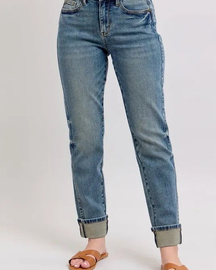 Judy Blue Full Size Mid Rise Vintage Wash Double Roll Cuff Boyfriend Jeans Plus Size - THE AMERICAN BLUE