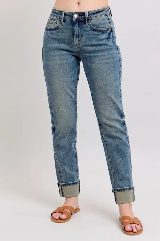 Judy Blue Full Size Mid Rise Vintage Wash Double Roll Cuff Boyfriend Jeans Plus Size - THE AMERICAN BLUE