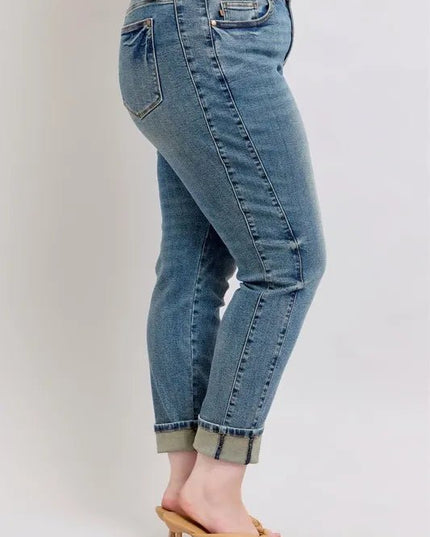 Judy Blue Full Size Mid Rise Vintage Wash Double Roll Cuff Boyfriend Jeans Plus Size - THE AMERICAN BLUE