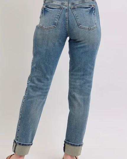 Judy Blue Full Size Mid Rise Vintage Wash Double Roll Cuff Boyfriend Jeans Plus Size - THE AMERICAN BLUE