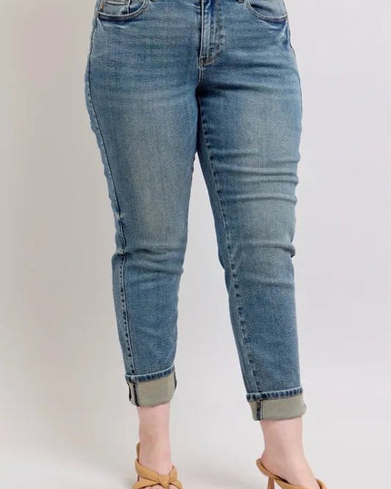 Judy Blue Full Size Mid Rise Vintage Wash Double Roll Cuff Boyfriend Jeans Plus Size - THE AMERICAN BLUE