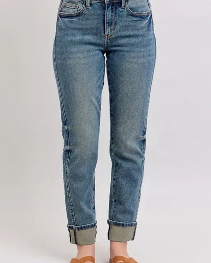 Judy Blue Full Size Mid Rise Vintage Wash Double Roll Cuff Boyfriend Jeans Plus Size - THE AMERICAN BLUE