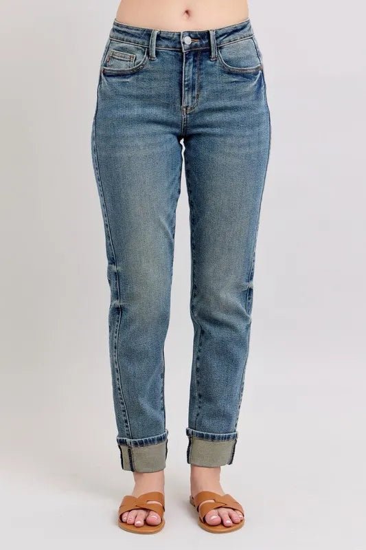 Judy Blue Full Size Mid Rise Vintage Wash Double Roll Cuff Boyfriend Jeans Plus Size - THE AMERICAN BLUE