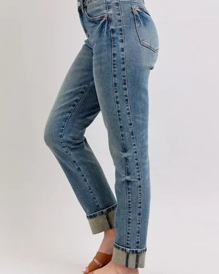 Judy Blue Full Size Mid Rise Vintage Wash Double Roll Cuff Boyfriend Jeans Plus Size - THE AMERICAN BLUE