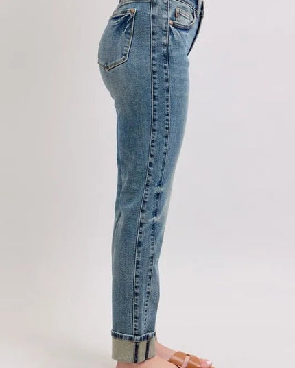 Judy Blue Full Size Mid Rise Vintage Wash Double Roll Cuff Boyfriend Jeans Plus Size - THE AMERICAN BLUE