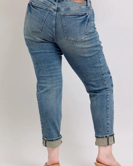 Judy Blue Full Size Mid Rise Vintage Wash Double Roll Cuff Boyfriend Jeans Plus Size - THE AMERICAN BLUE