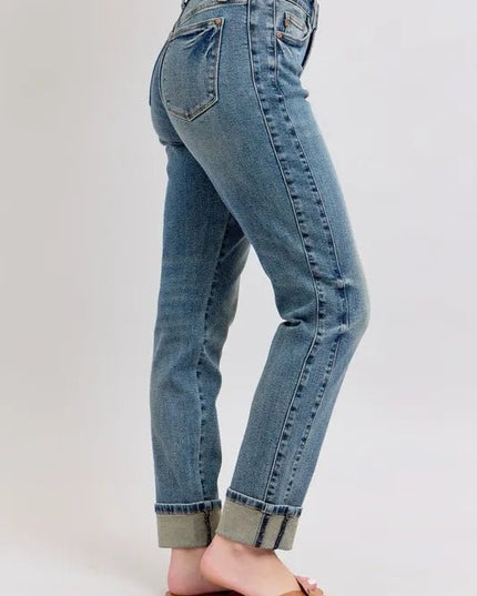 Judy Blue Full Size Mid Rise Vintage Wash Double Roll Cuff Boyfriend Jeans Plus Size - THE AMERICAN BLUE