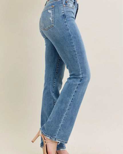 Judy Blue Full Size Mid Rise Wash Destroy Hem Bootcut Jeans Plus Size - THE AMERICAN BLUE