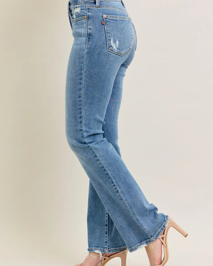 Judy Blue Full Size Mid Rise Wash Destroy Hem Bootcut Jeans Plus Size - THE AMERICAN BLUE