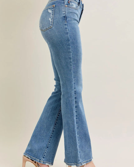 Judy Blue Full Size Mid Rise Wash Destroy Hem Bootcut Jeans Plus Size - THE AMERICAN BLUE