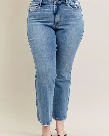 Judy Blue Full Size Mid Rise Wash Destroy Hem Bootcut Jeans Plus Size - THE AMERICAN BLUE