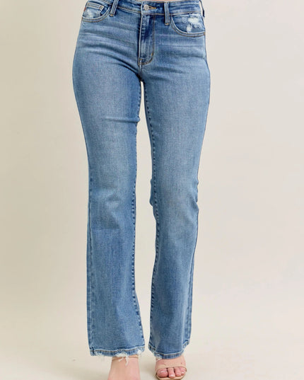 Judy Blue Full Size Mid Rise Wash Destroy Hem Bootcut Jeans Plus Size - THE AMERICAN BLUE