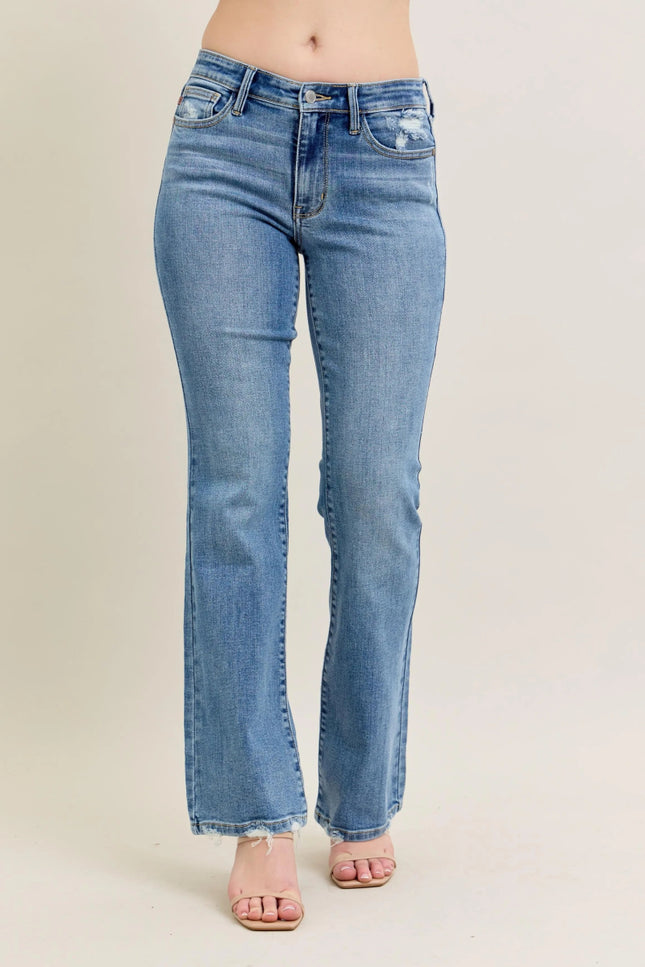 Judy Blue Full Size Mid Rise Wash Destroy Hem Bootcut Jeans Plus Size - THE AMERICAN BLUE