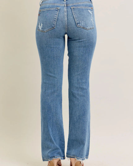 Judy Blue Full Size Mid Rise Wash Destroy Hem Bootcut Jeans Plus Size - THE AMERICAN BLUE