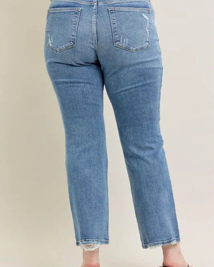 Judy Blue Full Size Mid Rise Wash Destroy Hem Bootcut Jeans Plus Size - THE AMERICAN BLUE
