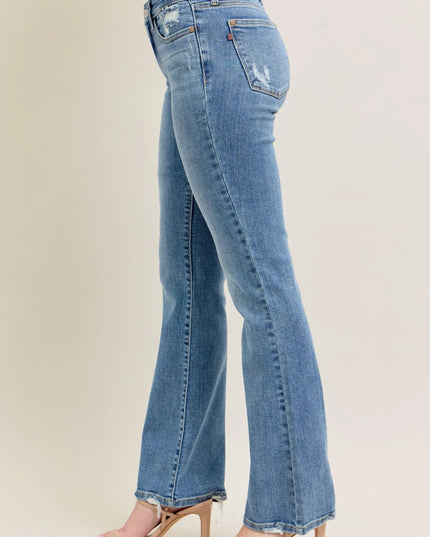 Judy Blue Full Size Mid Rise Wash Destroy Hem Bootcut Jeans Plus Size - THE AMERICAN BLUE