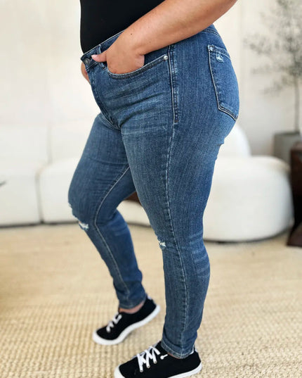 Judy Blue Full Size Mid Waist Distressed Slim Jeans - THE AMERICAN BLUE